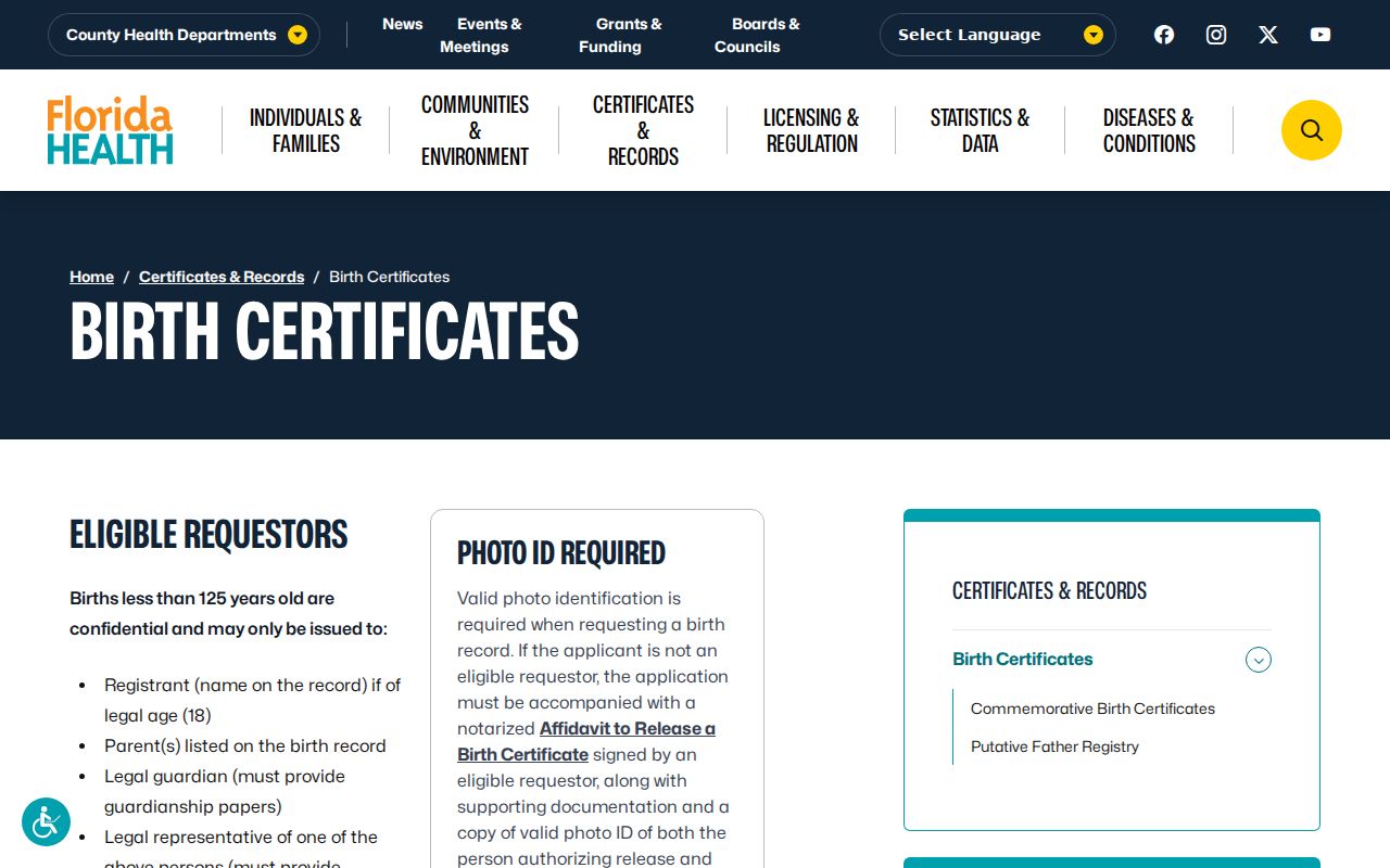 Florida birth certificate page used for Margate resident verification