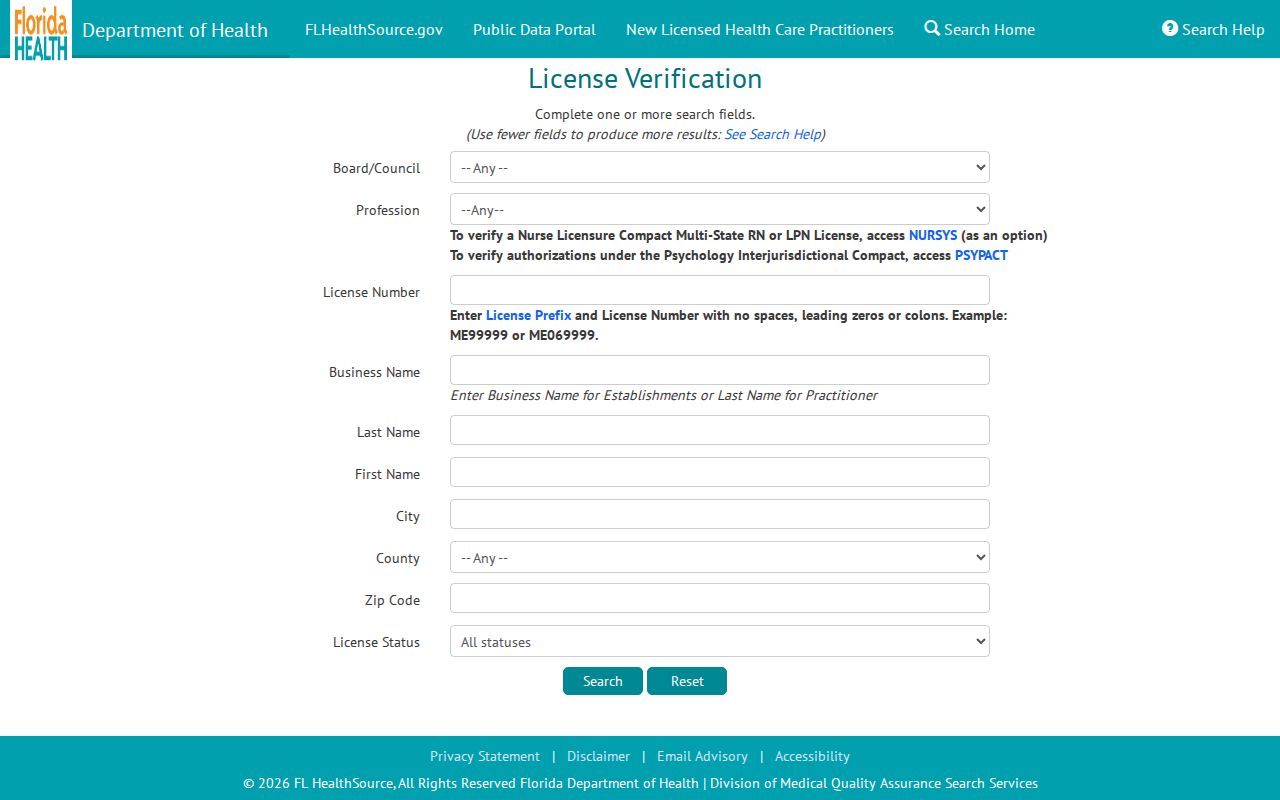 Florida MQA health license search for Margate residents
