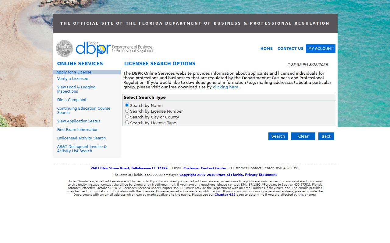 Florida DBPR license search used in a Margate resident lookup