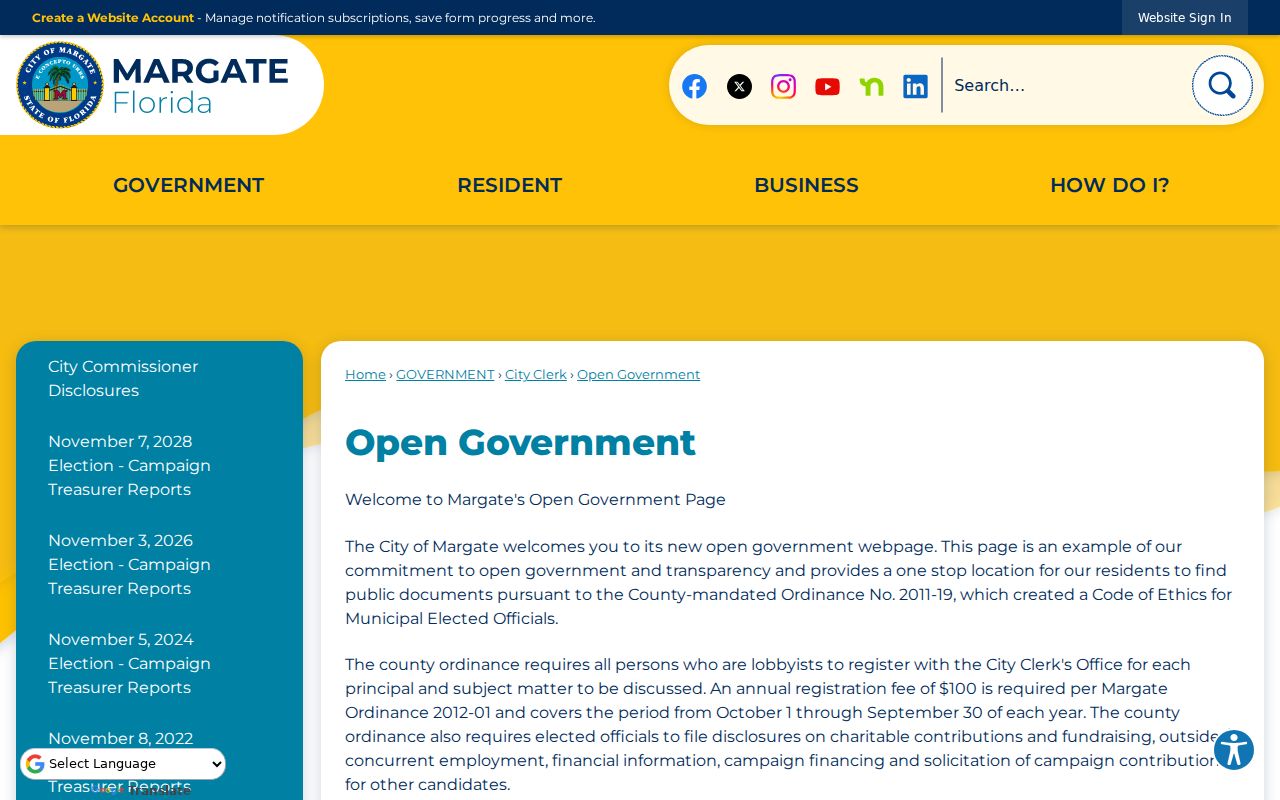 Margate ZIP code directory open government records page